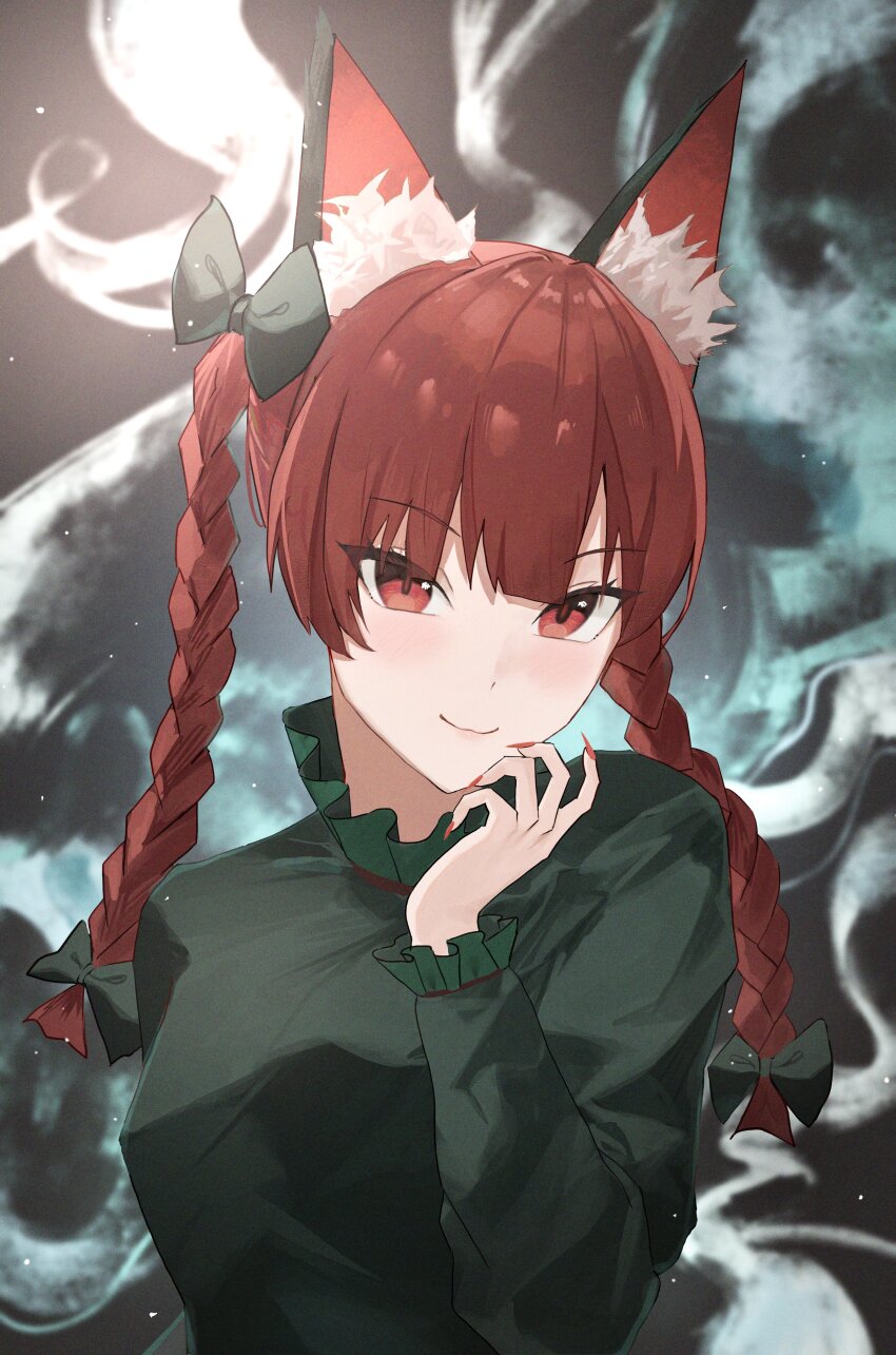 1girl absurdres animal_ear_fluff animal_ears black_bow bow braid cat_ears cat_girl closed_mouth fingernails hair_bow highres kaenbyou_rin long_hair long_sleeves looking_at_viewer palulap red_eyes red_hair sharp_fingernails side_braids smile solo touhou twin_braids upper_body