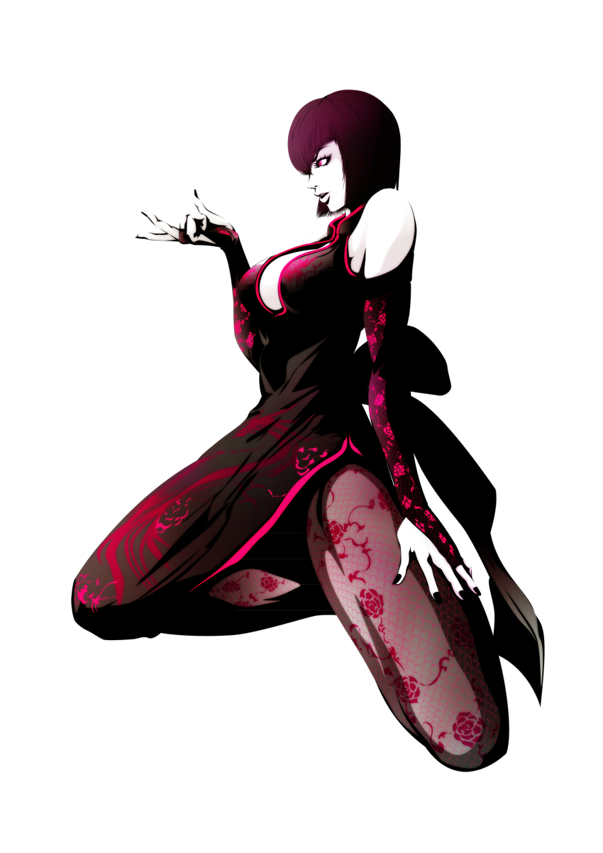 1girl anna_williams bandai_namco bob_cut breasts bridal_gauntlets china_dress chinese_clothes cleavage dress floral_print fujisawa_tomio highres kneeling monochrome nail_polish official_art pantyhose parted_lips rose_print short_hair simple_background sleeveless sleeveless_dress tekken tekken_tag_tournament_2 white_background