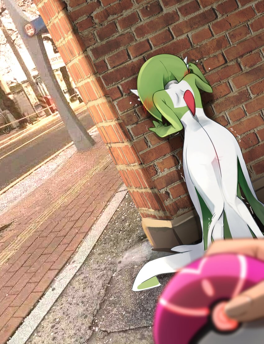 1girl absurdres against_wall blush brick_wall colored_skin controller day discreet_vibrator dress from_behind gardevoir gen_3_pokemon green_hair green_skin heart heart_print highres holding holding_poke_ball holding_remote_control khyle. love_ball medium_hair multicolored_skin nintendo outdoors photo-referenced poke_ball pokemon pokemon_(creature) remote_control remote_control_vibrator sex_toy solo_focus trembling two-tone_skin vibrator vibrator_under_clothes white_dress white_skin