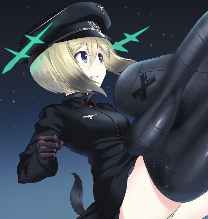 1girl a9b_(louis814) blonde_hair blue_eyes blush breasts dog_tail erica_hartmann green_panties grin hat highres military military_hat military_uniform panties short_hair sky small_breasts smile solo star_(sky) starry_sky strike_witches striker_unit tail underwear world_witches_series