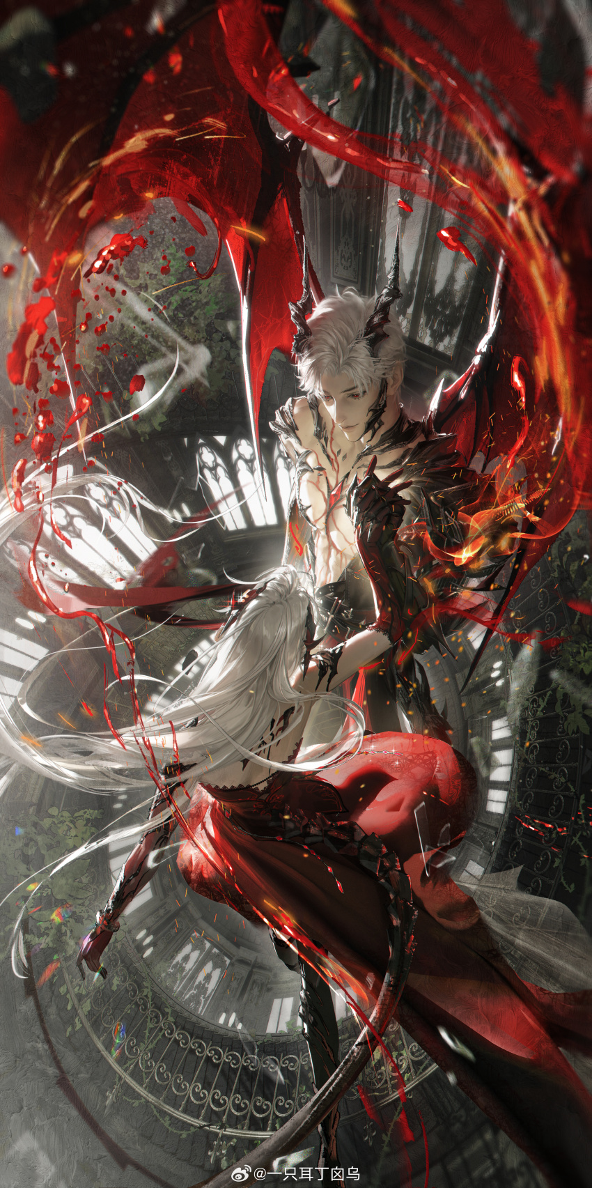1boy 1girl absurdres armor artist_name belt black_belt black_footwear black_horns black_pants blood boots chest_jewel chest_tattoo claws closed_mouth couple dragon_boy dragon_horns dragon_wings dress elbow_gloves eyelashes floating gem gloves hetero highres holding_hands horns interlocked_fingers lips long_hair looking_at_another love_and_deepspace multiple_belts pants protagonist_(love_and_deepspace) red_dress red_eyes red_gemstone red_gloves red_wings short_hair shoulder_armor sleeveless sleeveless_dress smile spiral_staircase stairs strapless strapless_dress sylus_(love_and_deepspace) tattoo watermark weibo_watermark white_hair wings yi_zhi_er_ding_xin_wu