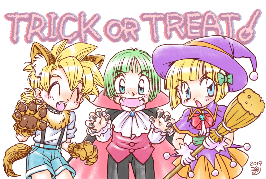1girl 2boys animal_ears ascot blonde_hair blue_eyes blue_shorts blunt_bangs blush bow bowtie broom cape child collins_(dq5) commentary_request cosplay cowboy_shot dated dracula dracula_(cosplay) dragon_quest dragon_quest_v facing_viewer fake_animal_ears fake_tail fangs gloves green_bow green_hair hair_bow halloween halloween_costume hat hero&#039;s_daughter_(dq5) hero&#039;s_son_(dq5) highres holding holding_broom looking_at_viewer low_ponytail multiple_boys nyozomi open_mouth orange_skirt paw_pose ponytail red_bow red_bowtie shirt short_hair shorts signature skirt smile spiked_hair tail trick_or_treat white_ascot white_gloves white_shirt witch_hat wolf_ears wolf_tail