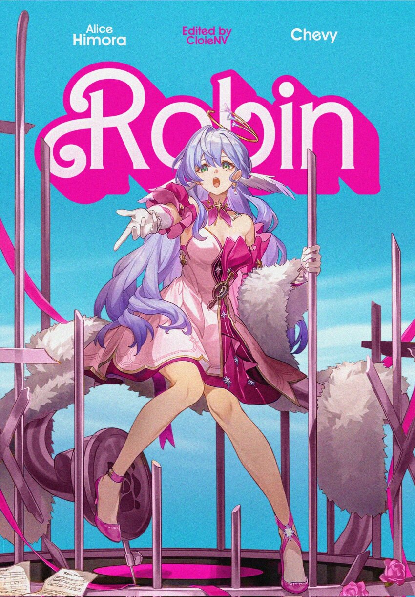 1girl artist_name barbenheimer_(meme) barbie_(franchise) barbie_(live_action) blue_hair character_name choker cloie commentary corrupted_twitter_file dress english_commentary english_text feather_boa feathered_wings full_body gloves head_wings high_heels highres honkai:_star_rail honkai_(series) legs long_hair looking_at_viewer meme musical_note_ornament outstretched_arm parody pink_dress pink_shoes purple_choker robin_(honkai:_star_rail) sheet_music shoes sitting solo strapless strapless_dress strappy_heels treble_clef white_gloves white_wings wings