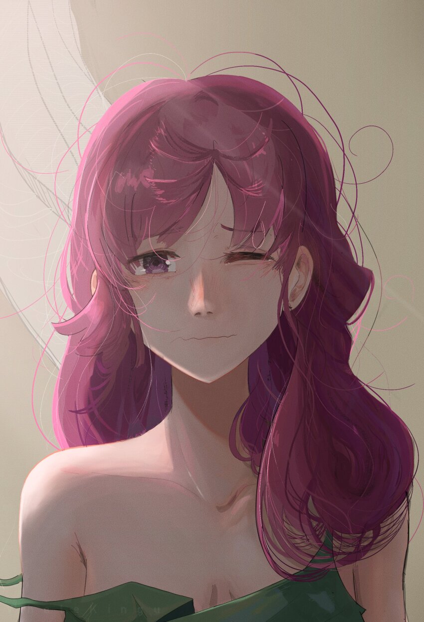 1girl absurdres bocchi_the_rock! breasts cleavage collarbone commentary dress green_dress hair_down highres hiroi_kikuri kingu_(whalekingu) messy_hair one_eye_closed portrait purple_eyes purple_hair small_breasts solo strap_slip wavy_mouth