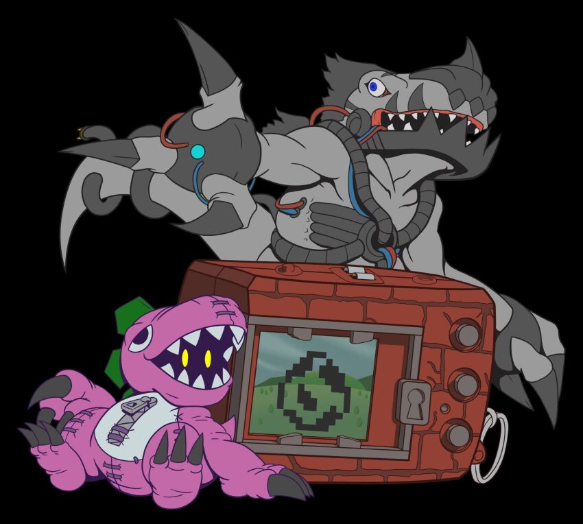 cable claws cyborg digimon digimon_(creature) ex-tyranomon highres metaltyranomon v-pet yellow_eyes zipper_pull_tab