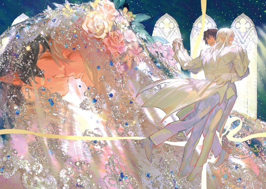 2boys arm_around_waist arm_up aymeric_de_borel black_hair closed_eyes commentary couple dancing elezen elf english_commentary estinien_varlineau final_fantasy final_fantasy_xiv flower forehead-to-forehead formal_clothes hair_between_eyes hangleing heads_together holding_hands jacket leaf long_pointy_ears male_focus multiple_boys multiple_views pants pink_flower pink_rose pointy_ears rose shoes smile suit suit_jacket teeth veil wedding white_flower white_jacket white_pants white_rose white_shoes white_suit window yaoi