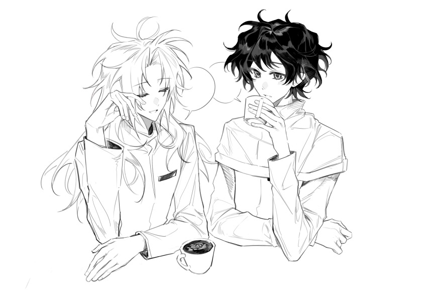 2boys absurdres blank_speech_bubble capelet closed_eyes coffee commentary cropped_torso cup curtained_hair greyscale hatsutori_hajime highres holding holding_cup jacket latte_art long_hair long_sleeves male_focus monochrome mug multiple_boys parted_bangs saibou_shinkyoku short_hair simple_background smile speech_bubble symbol-only_commentary utsugi_noriyuki white_background xian_yue