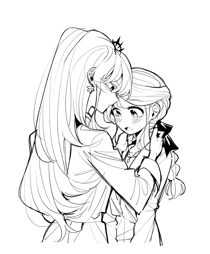 2girls absurdres black_gemstone blush bow braid collarbone couple dress earrings gem genkai_ol-san_wa_akuyaku_reijou-sama_ni_tsukaetai hair_ornament highres jewelry lapis_tenebrae long_hair looking_at_another monochrome multiple_girls natori_midori necklace neonfloyd simple_background white_background yuri