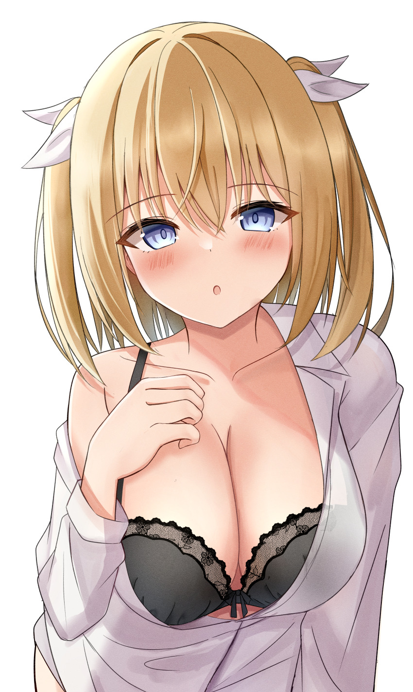 1girl :o absurdres arm_at_side black_bra blonde_hair blue_eyes blush bra breasts breasts_out bright_pupils cleavage collarbone collared_shirt commentary dress_shirt eyes_visible_through_hair floral_print floral_print_bra hair_between_eyes hair_ribbon hand_up highres lace lace-trimmed_bra lace_trim large_breasts leaning_forward lingerie long_sleeves looking_at_viewer medium_hair onda_nei open_mouth print_bra ribbon rose_print sakura_no_toki sakura_no_uta shirt sidelighting simple_background single_bare_shoulder solo takagi-18102817 tsurime two_side_up underwear upper_body white_background white_ribbon white_shirt