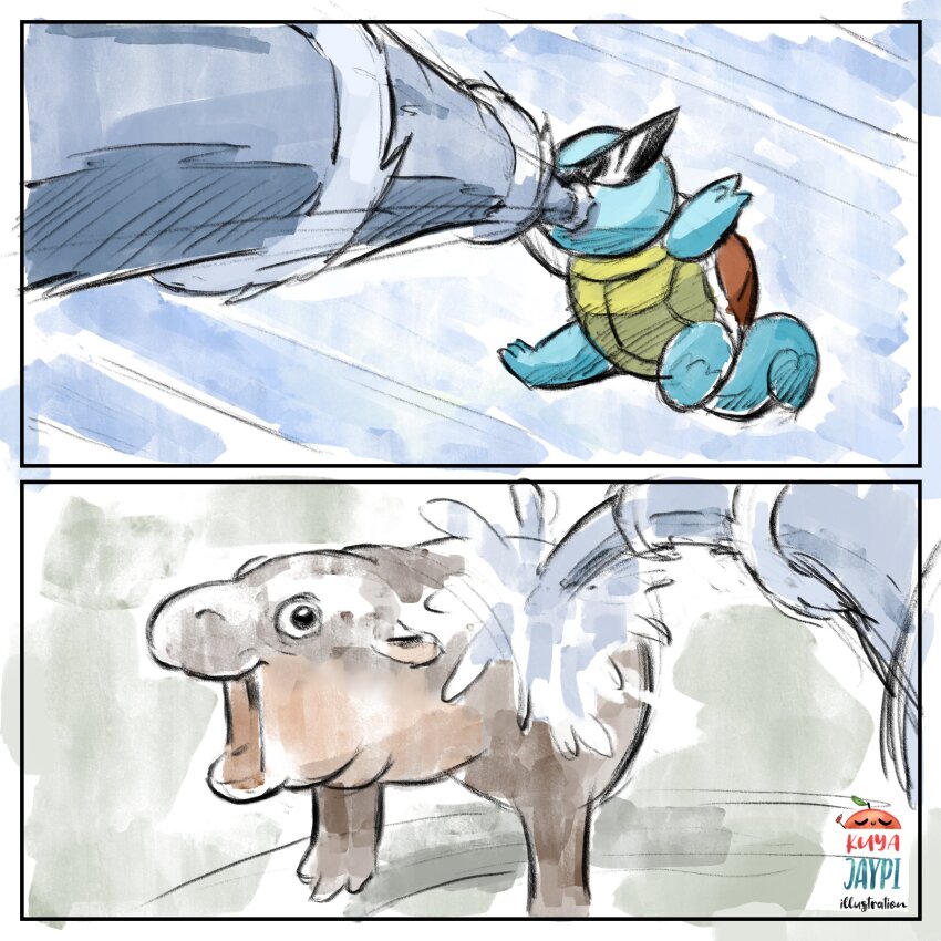 artist_name black_eyes commentary english_commentary gen_1_pokemon highres hippopotamus kamina_shades kuya_jaypi midair moo_deng nintendo no_humans open_mouth pokemon pokemon_(anime) pokemon_(classic_anime) pokemon_(creature) real_life scared shadow squirtle squirtle_squad sunglasses tail water