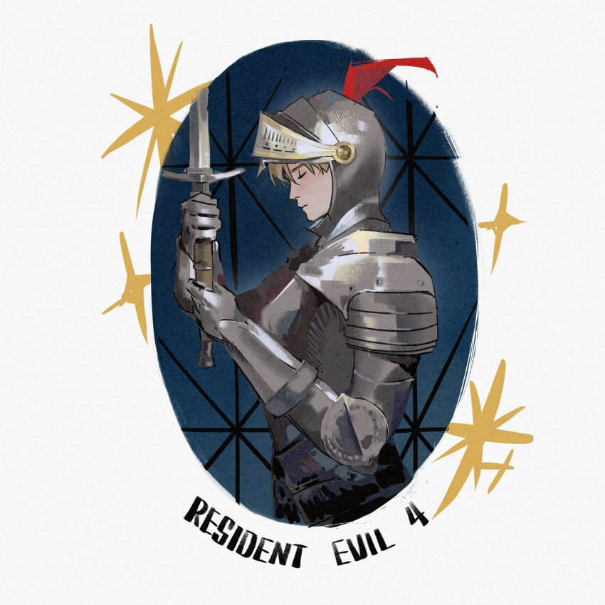 1boy armor arms_up beiya75527 blonde_hair breastplate closed_eyes closed_mouth commentary copyright_name cowboy_shot full_armor gauntlets hashtag-only_commentary helm helmet highres holding holding_sword holding_weapon knight leon_s._kennedy male_focus pauldrons plume profile resident_evil resident_evil_4 shoulder_armor solo sword weapon