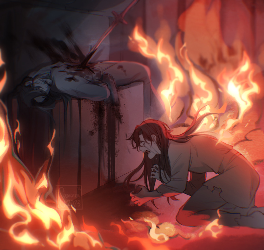 2boys altar artist_name barefoot black_hair blank_eyes blood blood_on_clothes blood_on_face blood_on_ground chinese_clothes commentary crying english_commentary fire hair_over_eyes hanfu highres hua_cheng impaled injury kneeling long_hair lying male_focus multiple_boys on_ground orange_light pants pool_of_blood samairu screaming smoke spoilers sword tear_troughs tianguan_cifu torn_clothes torn_pants torn_tunic watermark weapon white_hanfu wide-eyed xie_lian