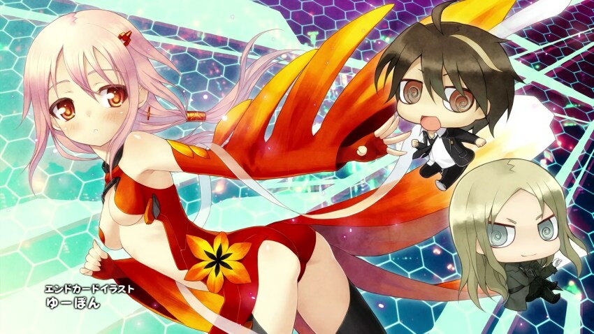 1girl 2boys :o ass bare_shoulders blonde_hair blue_eyes breast_cutout breasts brown_eyes brown_hair chibi fingerless_gloves gloves guilty_crown highres long_hair looking_back multiple_boys ouma_shuu pink_hair ponytail red_eyes short_hair small_breasts tagme tsutsugami_gai yuzuriha_inori