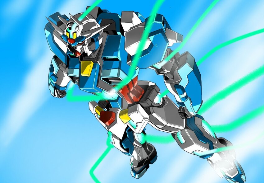 amakawa_mayu commentary english_commentary flying glowing glowing_chest glowing_eyes gundam humanoid_robot joints mecha mecha_focus mobile_suit no_humans original record_gundam_(mobile_suit) robot sly v-fin
