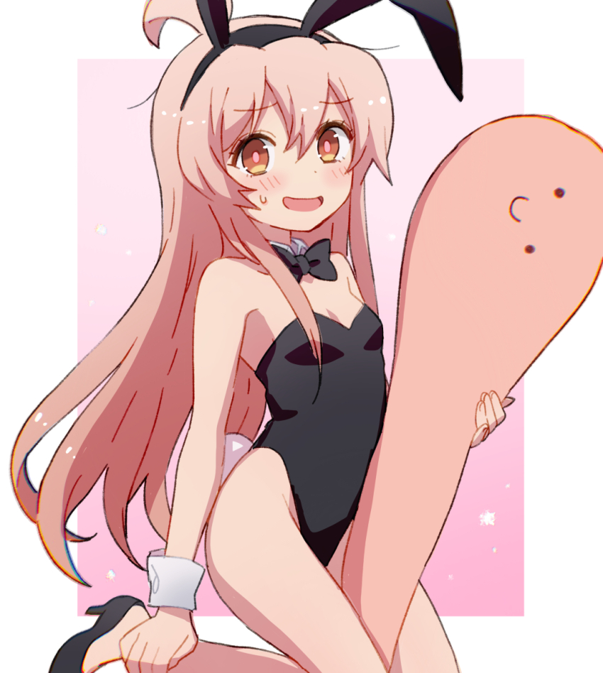 1girl :d animal_ears bare_arms bare_legs bare_shoulders black_bow black_bowtie black_hairband black_leotard black_shoes bow bowtie breasts brown_eyes c: commentary detached_collar ekra fake_animal_ears hair_between_eyes hairband high_heels highres kneeling leotard light_blush long_hair looking_at_viewer onii-chan_wa_oshimai! open_mouth oyama_mahiro pink_hair pink_pupils playboy_bunny rabbit_ears rabbit_tail shoes simple_background small_breasts smile solo sweatdrop tail very_long_hair wrist_cuffs