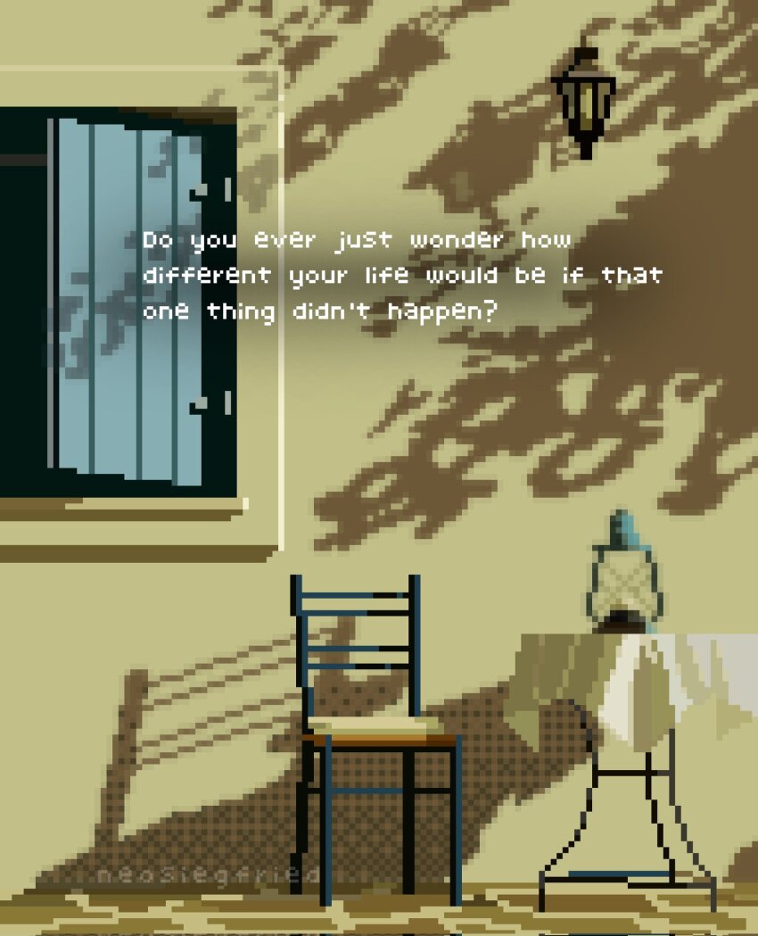 bistro_table chair cobblestone english_text gas_lantern highres no_humans onlypixeeels open_window_shutter original outdoors pixel_art scenery shadow sunlight tablecloth tree_shade wall_lamp yellow_theme