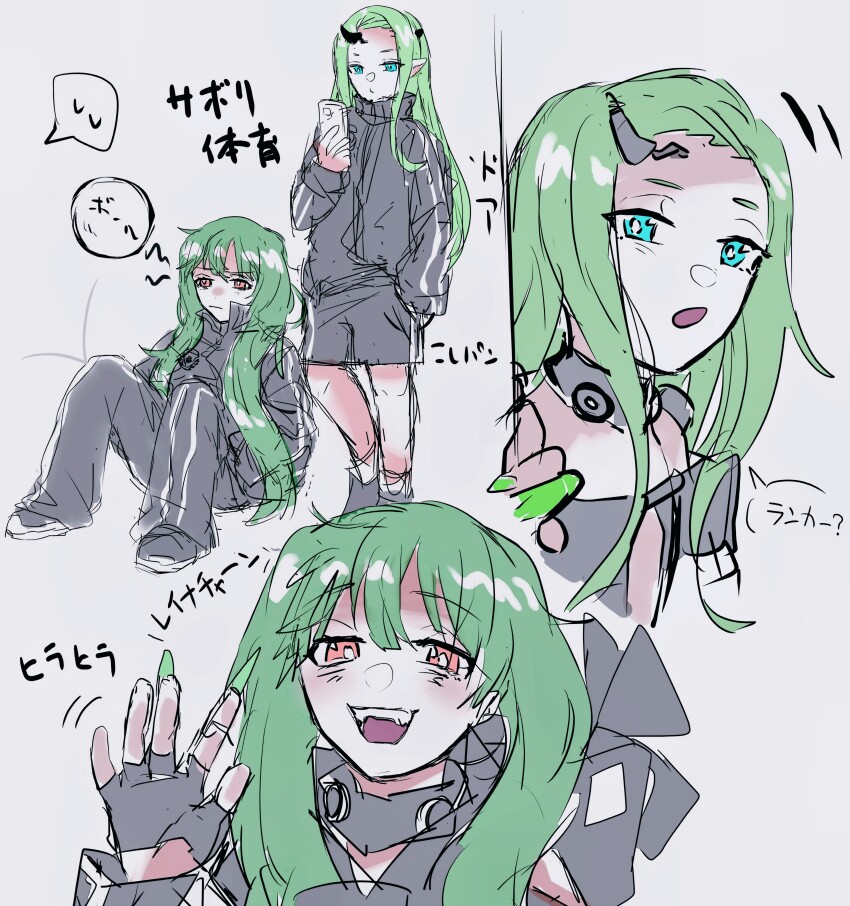 2girls absurdres black_jacket blue_eyes cellphone fangs fingerless_gloves gloves green_hair hair_behind_ear highres holding holding_phone horns jacket long_hair looking_at_viewer m_rgfn macross macross_delta macross_delta:_zettai_live!!!!!! macross_frontier multiple_girls open_mouth pants phone pointy_ears red_eyes shorts single_horn smartphone smile very_long_hair yami_q_ray yami_ranka yami_reina