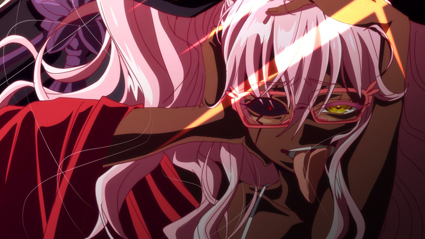 black_eyes dark_skin glasses heterochromia highres long_tongue no pink_hair red_robe robe sousei_no_onmyouji suzu tongue tongue_out yellow_eyes