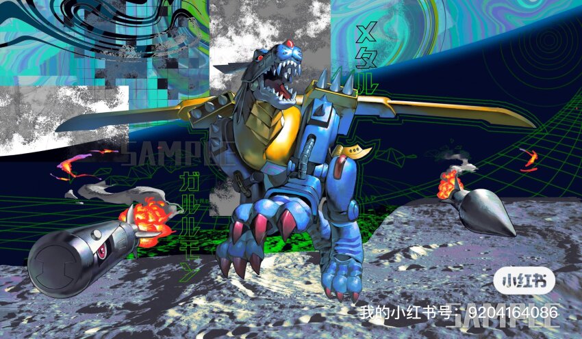 armor blue_armor bly_mead cyborg digimon digimon_(creature) full_body highres looking_at_viewer metalgarurumon missile open_mouth red_eyes sharp_teeth solo spikes teeth wolf yellow_armor yellow_wings