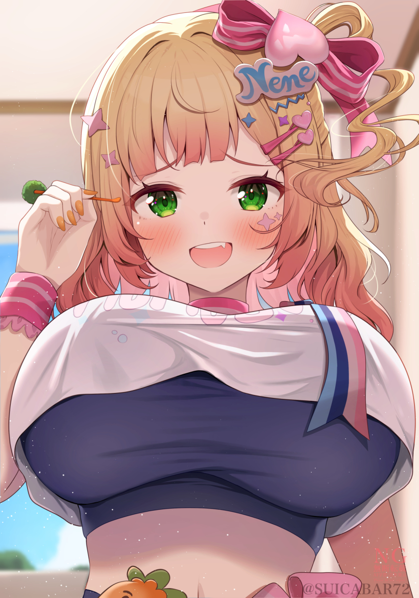 1girl blonde_hair blush breasts crop_top crop_top_overhang from_below gradient_hair green_eyes hair_ornament hair_ribbon highres hololive indoors large_breasts long_hair looking_at_viewer midriff mimikaki momosuzu_nene momosuzu_nene_(cheerleader) multicolored_hair nekko_(momosuzu_nene) one_side_up open_mouth orange_nails pink_hair ribbon smile solo sports_bra suicabar72 taut_clothes twitter_username upper_body virtual_youtuber wavy_hair