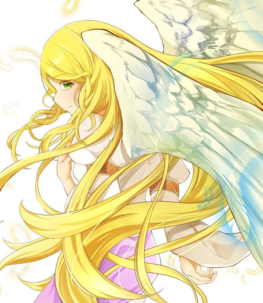 1girl angel_wings bird blonde_hair feathered_wings fire_emblem fire_emblem:_radiant_dawn green_eyes heron highres leanne_(fire_emblem) long_hair looking_at_viewer nintendo smile solo user_uskv7835 very_long_hair white_wings wings
