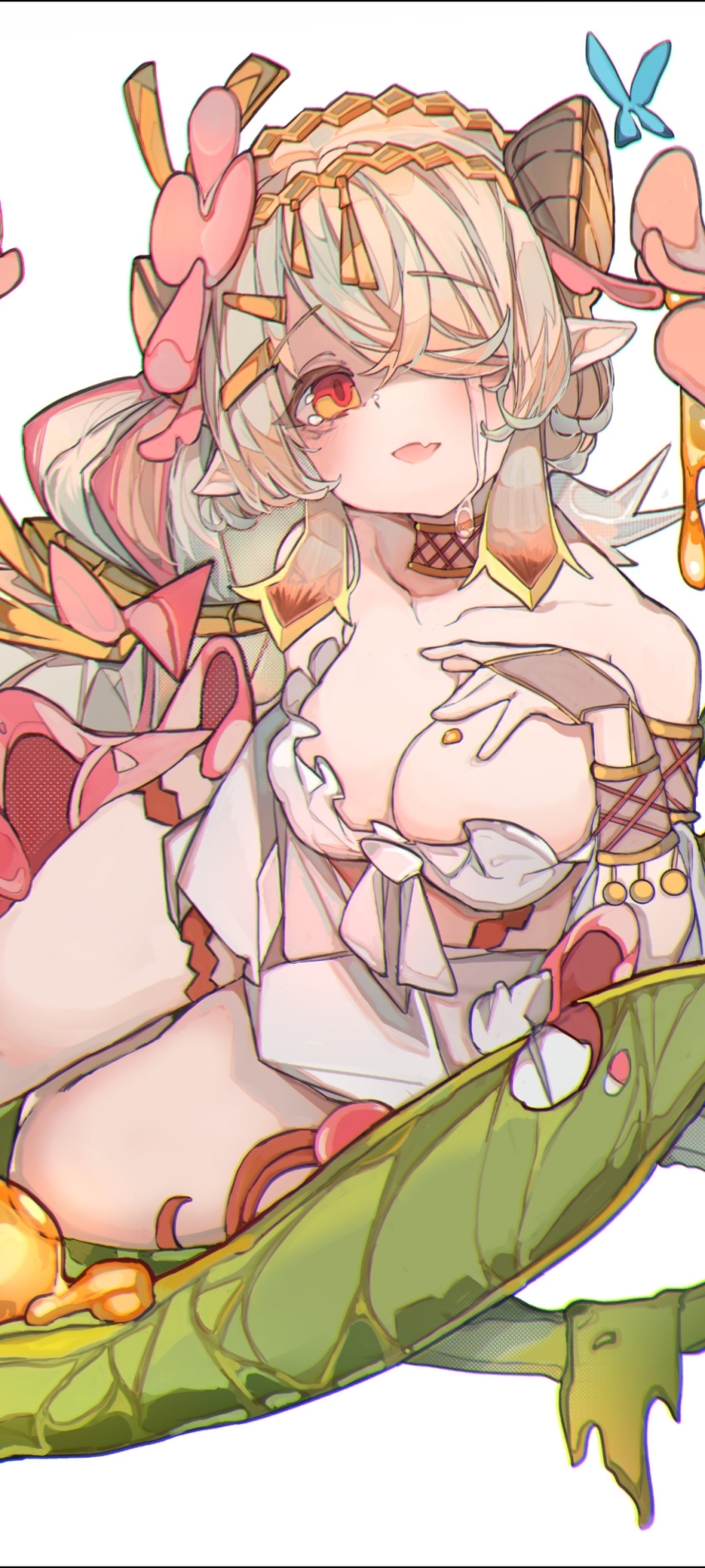 1girl absurdres bare_shoulders blush breasts bridal_gauntlets cleavage dress duel_monster flower hair_flower hair_ornament hair_over_one_eye highres honey large_breasts long_hair looking_at_viewer multicolored_hair nectar open_mouth pink_hair pointy_ears rancha06743732 red_eyes smile solo traptrix_pinguicula yu-gi-oh!