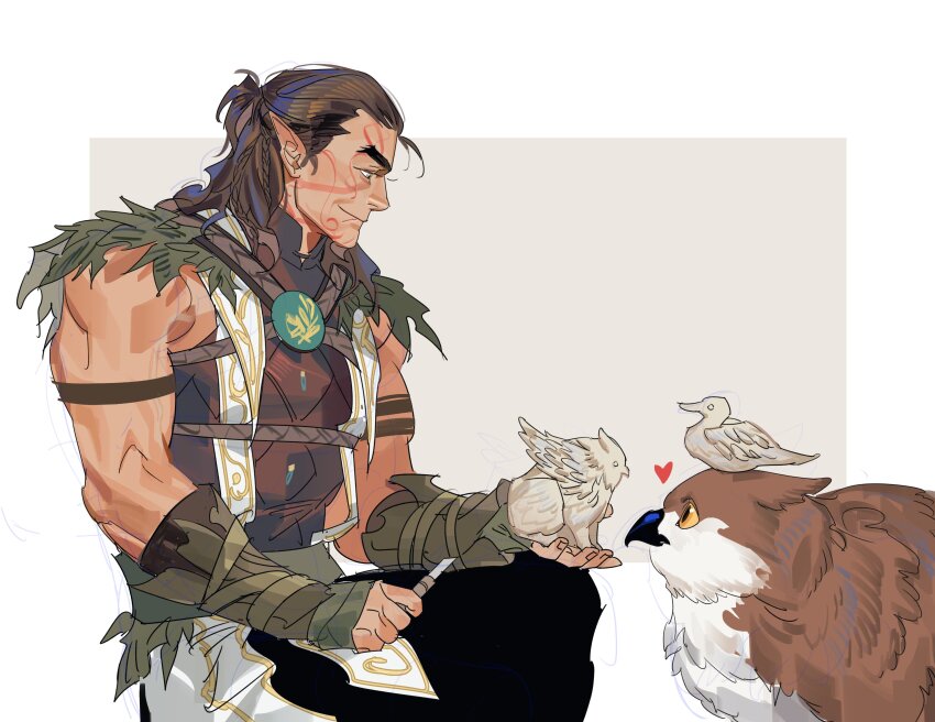 1boy absurdres baldur&#039;s_gate baldur&#039;s_gate_3 bara braid brown_eyes brown_hair chisel dungeons_&amp;_dragons dungeons_&amp;_dragons elf facial_tattoo fingerless_gloves gloves green_gloves greensalad350 grey_background half_updo halsin heart highres holding_chisel leaf male_focus mature_male medium_hair muscular muscular_arms muscular_male owlbear pointy_ears sculpting sculpture side_braids simple_background smile tattoo thick_eyebrows vambraces white_background