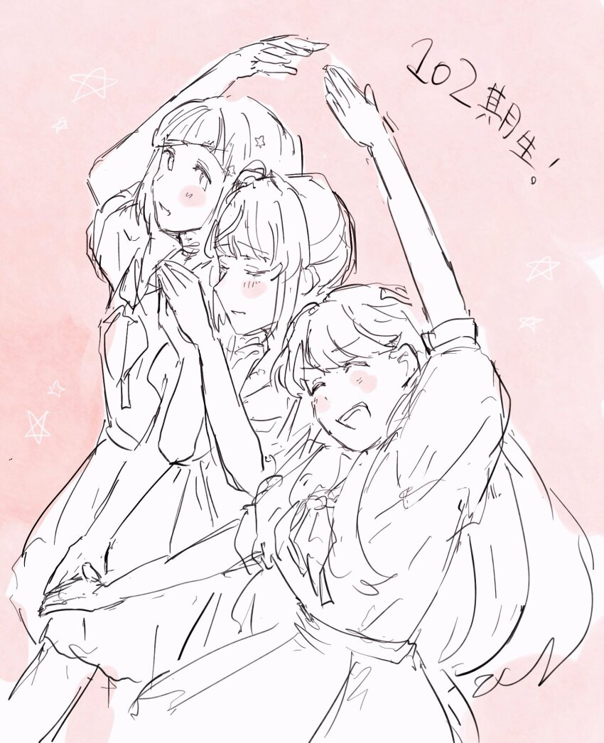 3girls :d ^_^ blush bob_cut closed_eyes commentary cowboy_shot diagonal_bangs dress fujishima_megumi greyscale_with_colored_background hair_ornament hasu_no_sora_school_uniform highres inverted_bob link!_like!_love_live! long_hair love_live! medium_dress multiple_girls neckerchief open_mouth otomune_kozue pink_background pleated_dress puffy_short_sleeves puffy_sleeves sailor_collar sailor_dress school_uniform short_hair short_sleeves side_ponytail sidelocks sketch smile spot_color star_(symbol) star_hair_ornament summer_uniform translation_request two_side_up u_u virtual_youtuber yam5565 yugiri_tsuzuri