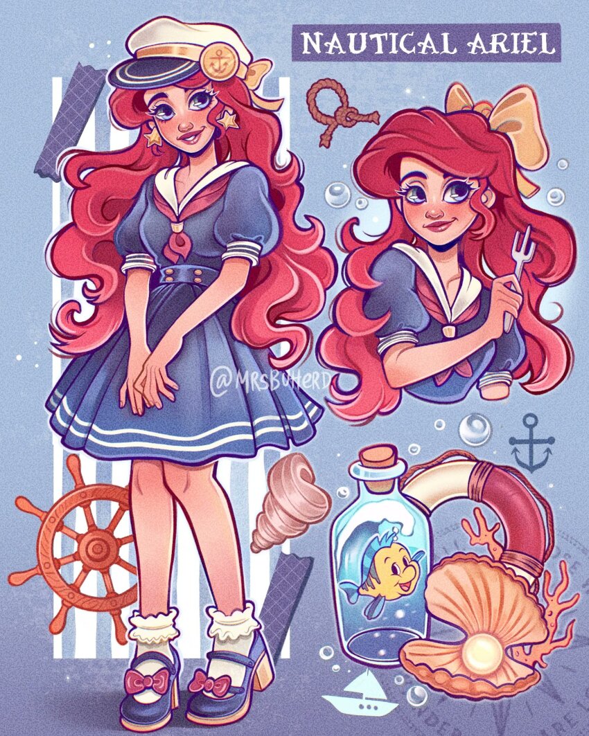 1girl ariel_(disney) blue_eyes blue_footwear bow commentary disney dress earrings english_commentary flounder_(the_little_mermaid) fork hair_bow hat highres jewelry long_hair mrsbutterd neckerchief puffy_short_sleeves puffy_sleeves red_hair sailor_dress sailor_hat seashell shell short_sleeves smile socks solo star_(symbol) star_earrings the_little_mermaid_(disney) very_long_hair yellow_bow