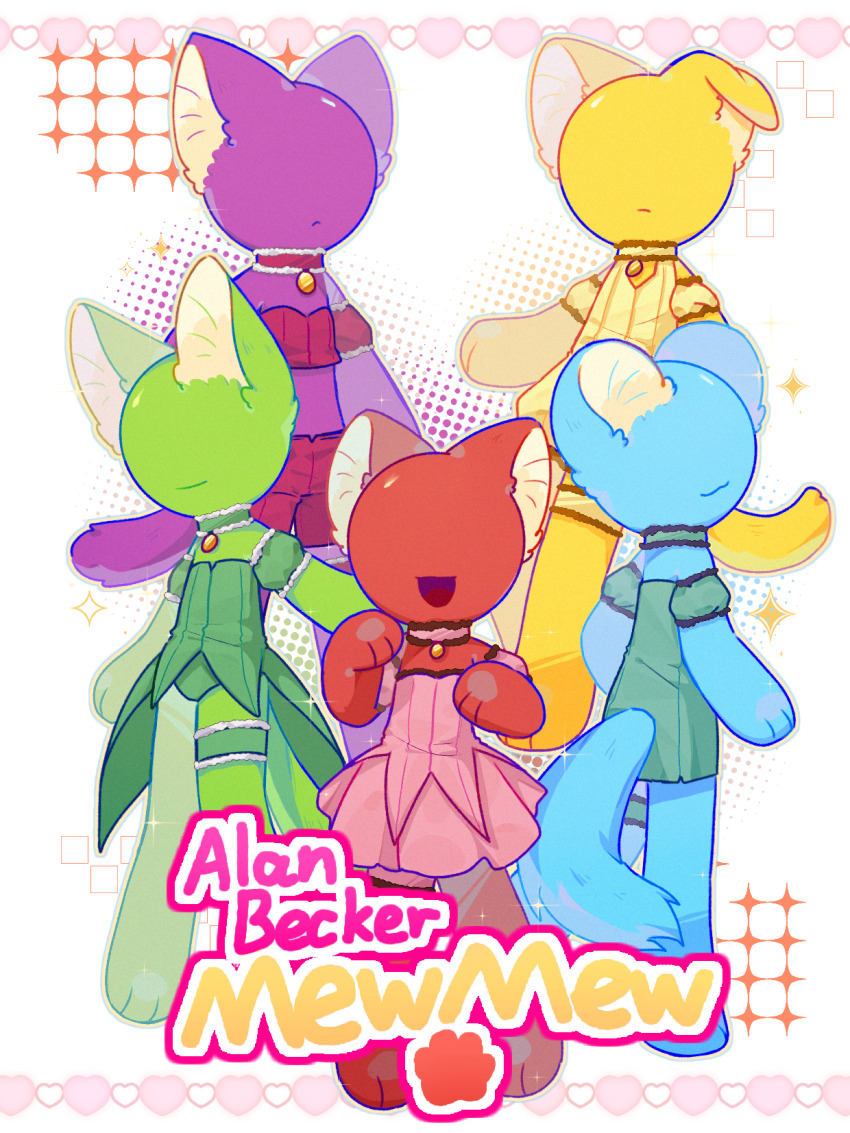 5boys :3 :d aizawa_mint animal_ears animal_feet animal_hands animation_vs._minecraft animator_vs._animation aqua_dress blue_(animator_vs._animation) blue_skin cat_boy chinese_commentary choker colored_skin commentary_request cosplay crossdressing dog_boy dog_ears dog_tail dress fong_pudding fujiwara_zakuro full_body green_(animator_vs._animation) green_skin highres kemonomimi_mode magical_boy mew_ichigo mew_ichigo_(cosplay) mew_lettuce mew_lettuce_(cosplay) mew_mint mew_mint_(cosplay) mew_pudding mew_pudding_(cosplay) mew_zakuro mew_zakuro_(cosplay) midorikawa_lettuce midriff momomiya_ichigo multiple_boys no_eyes open_mouth parody pink_dress purple_(animator_vs._animation) purple_skin red_(animator_vs._animation) red_skin smile standing stick_figure tail tokyo_mew_mew xiaoyezi72508 yellow_(animator_vs._animation) yellow_skin