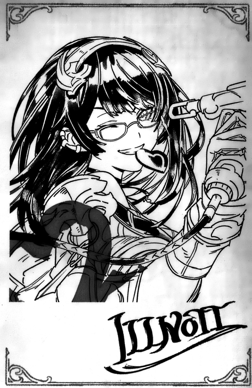 absurdres black_hair character_name chocolate close-up earrings framed glasses granblue_fantasy greyscale hair_ornament heart heart_in_mouth highres illnott_(granblue_fantasy) jewelry monochrome necklace one_eye_closed paint paint_gun painting_(action) saya_atena smile upper_body valentine white_background
