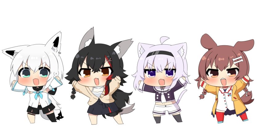 4girls :3 ahoge animal_ear_fluff animal_ears arms_up black_hairband blush braid cat_ears cat_girl cat_tail chibi dog_girl fang fox_ears fox_girl fox_tail gao hairband highres hololive inugami_korone multiple_girls nekomata_okayu ookami_mio open_mouth purple_eyes purple_hair shirakami_fubuki tail twin_braids twumi virtual_youtuber white_background