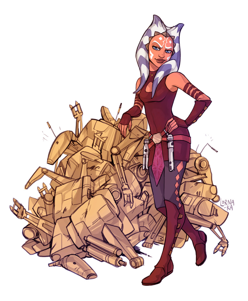 1girl ahsoka_tano alien artist_name b1_battle_droid blue_eyes boots dress energy_sword full_body gloves highres jedi lightsaber looking_at_viewer lorna-ka mechabare red_boots red_dress simple_background sleeveless solo star_wars sword thigh_boots togruta watermark weapon white_background white_gloves