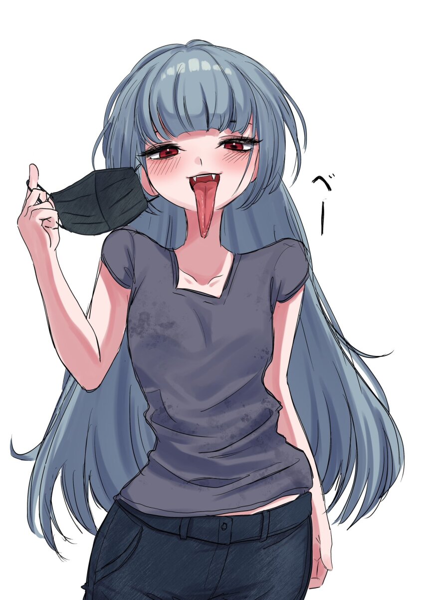 1girl artist_request face_mask fangs long_hair long_tongue mask open_mouth pants red_eyes source_request tagme tongue tongue_out
