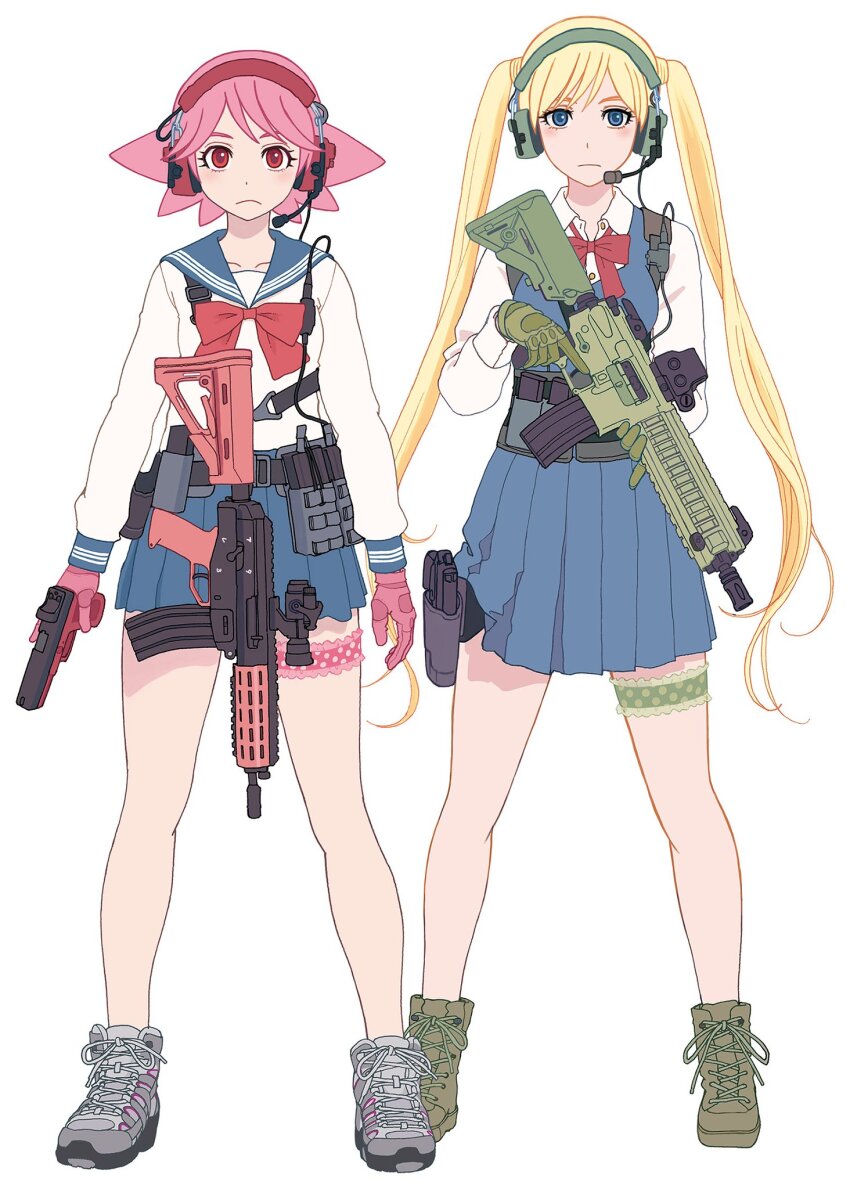 2girls arms_at_sides assault_rifle azuma_kiyohiko belt belt_pouch black_belt blonde_hair blue_dress blue_eyes blue_sailor_collar blue_skirt blush boots bow bowtie breasts chest_harness closed_mouth collarbone collared_shirt commentary dress dress_shirt expressionless frilled_thigh_strap frown glock gloves green_gloves grey_footwear gun h&amp;k_hk416 handgun harness headphones headset high_tops highres holding holding_gun holding_weapon holster holstered howa_type_89 light_blush long_hair long_sleeves looking_at_viewer microphone multiple_girls official_art pinafore_dress pink_gloves pink_hair pleated_dress pleated_skirt pouch red_bow red_bowtie red_eyes reset_(wonder_festival) rifle sailor_collar school_uniform shirt shoes short_hair side-by-side simple_background skirt sleeveless sleeveless_dress small_breasts sneakers standing straight-on strap tactical_clothes thigh_holster thigh_strap trigger_discipline twintails very_long_hair walkie-talkie wanda_(wonder_festival) weapon white_background white_shirt wonder_festival