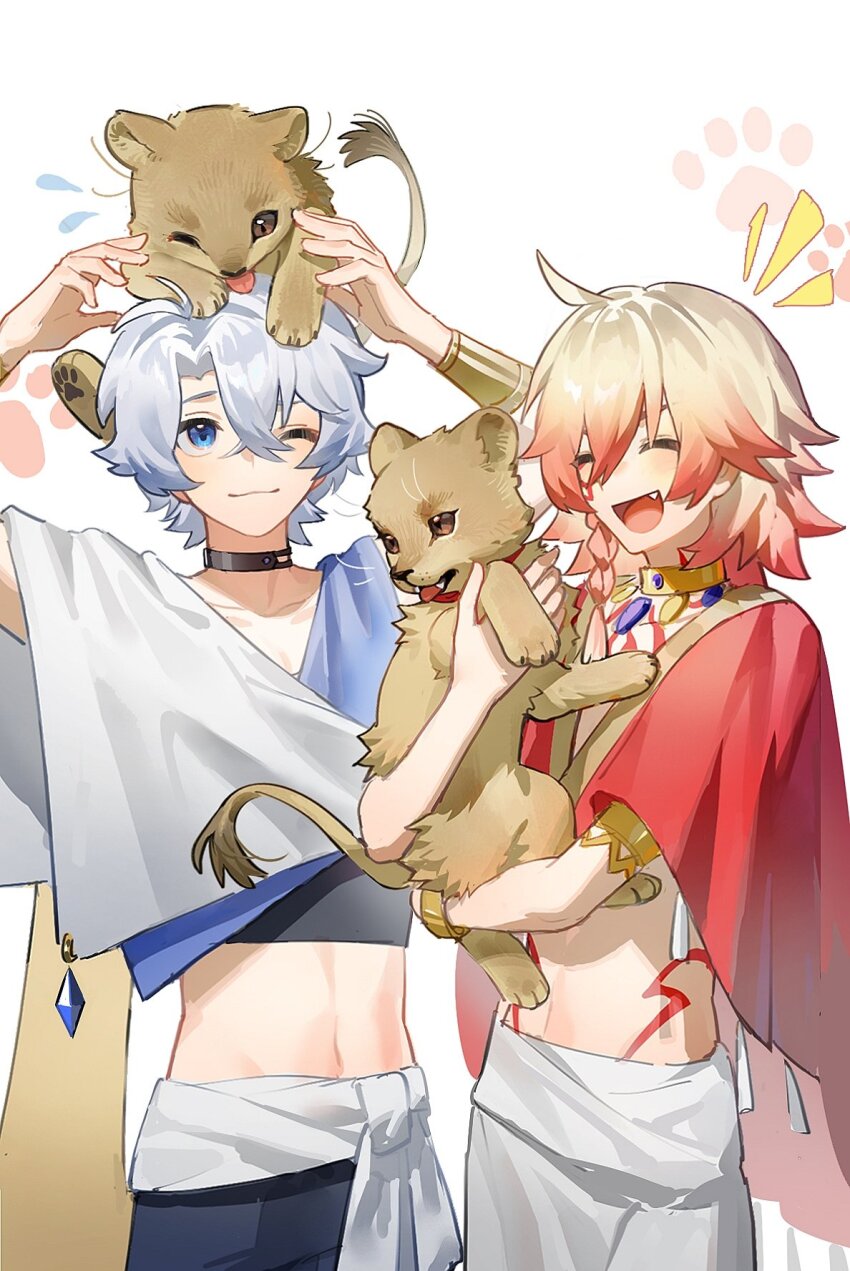 2boys animal animal_hug armlet blush braid choker closed_eyes cropped_shirt fang gold_necklace highres honkai:_star_rail honkai_(series) jewelry multiple_boys mydei_(honkai:_star_rail) necklace phainon_(honkai:_star_rail) red_tattoo short_hair single_braid smile smiley_face suirandanshihao