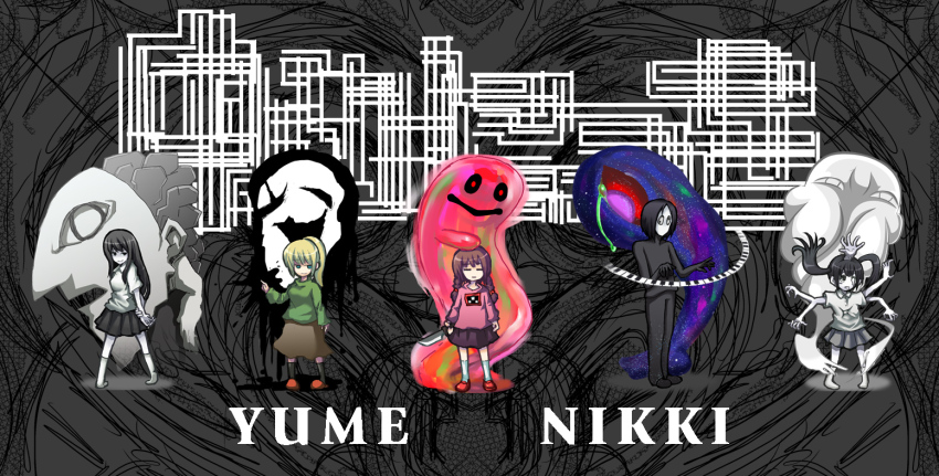 1boy 4girls 5others alien artist_request black_hair black_socks blonde_hair blue_eyes braid brain breasts brown_hair character_request closed_eyes colored_skin creature extra_arms floating floating_hair full_body grey_background headpat holding holding_weapon instrument kasei-san knife long_hair madotsuki medium_breasts monoe monoko mouthless multiple_girls multiple_others mutation piano piano_keys poniko school_uniform sekomumasada_sensei shoes skirt smile socks sweater takofuusen tears twintails uboa weapon white_skin white_socks yume_nikki