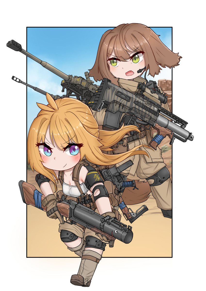 2girls absurdres airburst_grenade_launcher blue_eyes blush break-action_grenade_launcher brown_gloves brown_hair bullpup closed_eyes commentary computerized_scope day english_commentary full_body gloves green_eyes grenade_launcher gun hair_between_eyes heckler_&amp;_koch highres holding holding_gun holding_weapon knee_pads long_hair looking_at_viewer m79 microphone military multiple_girls open_mouth orange_hair orbital_atk original outdoors precision-guided_firearm scope semi-automatic_grenade_launcher serious short_hair sight_(weapon) smart_scope smile springfield_armory srtdrawart tactical_clothes weapon xm104_(smart_scope) xm25_cdte