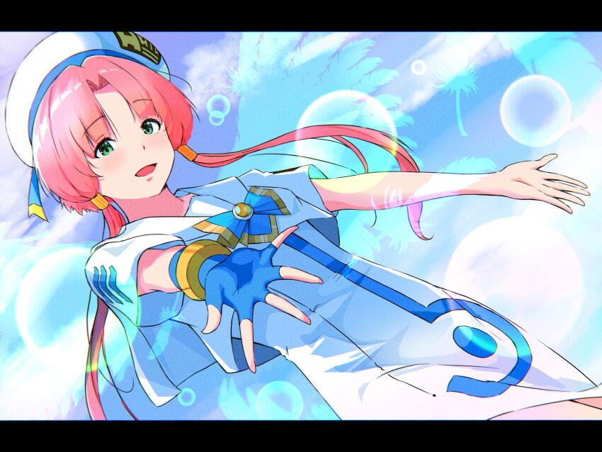 1girl andanden aria_(manga) aria_company_uniform beret blue_gloves blue_ribbon blue_sky blush bracelet breasts cowboy_shot dress dutch_angle feathers gloves gold_bracelet green_eyes hair_tubes hat hat_ribbon highres jewelry lens_flare letterboxed looking_at_viewer mizunashi_akari open_hands open_mouth outstretched_arm parted_bangs pink_hair print_dress ribbon sailor_collar short_hair_with_long_locks short_sleeves side_slit single_glove sky small_breasts solo white_dress white_hat