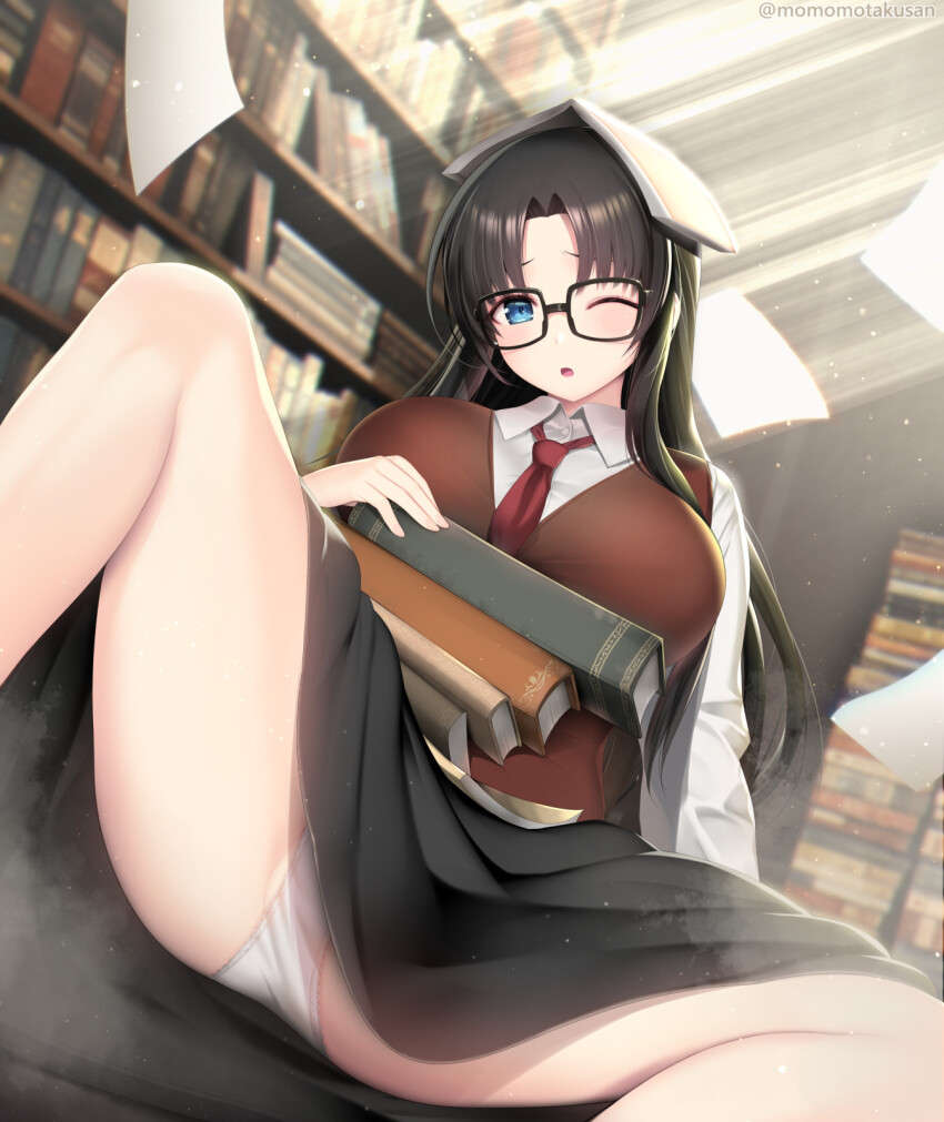 1girl black_hair blue_eyes book bookshelf breasts glasses highres kashiwamochi_yomogi large_breasts long_hair long_sleeves looking_at_viewer necktie one_eye_closed panties paper read_or_die skirt solo sweater_vest underwear vest yomiko_readman