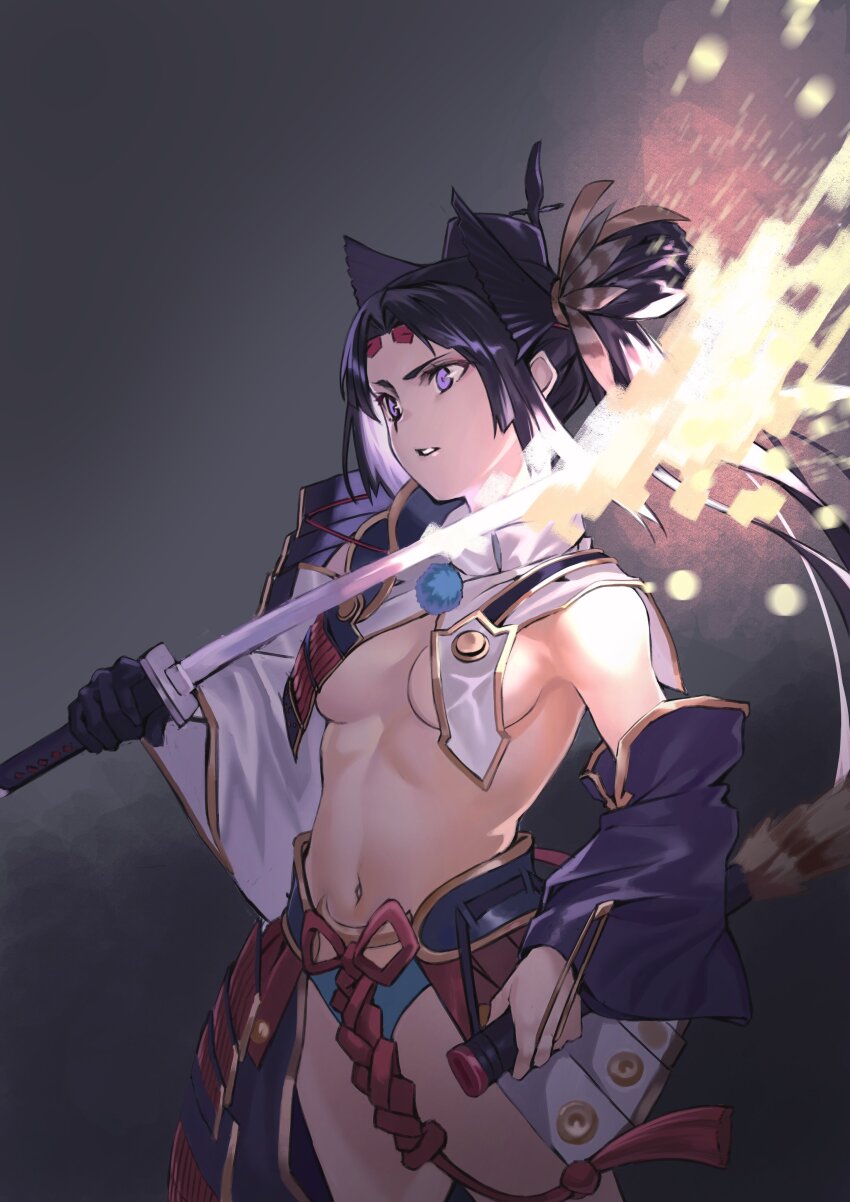1girl absurdres armor asymmetrical_clothes asymmetrical_sleeves black_gloves black_hair black_hat blue_eyes blue_panties breast_curtains breasts detached_sleeves fate/grand_order fate_(series) feathers gloves glowing glowing_weapon hat highres hiro_(hirohiro_gorira) holding holding_sheath holding_sword holding_weapon japanese_armor katana kusazuri linea_alba long_hair mismatched_sleeves navel panties pom_pom_(clothes) purple_sleeves revealing_clothes sheath shoulder_armor showgirl_skirt side_ponytail single_glove single_pantsleg sode solo stomach sword tassel tate_eboshi underwear unsheathed ushiwakamaru_(fate) weapon white_sleeves