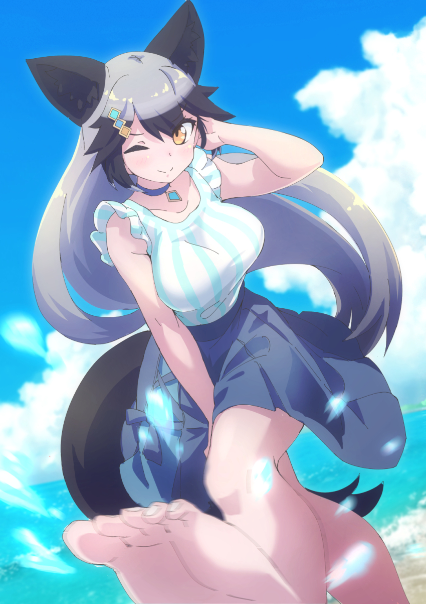1girl animal_ears barefoot beach blue_sky choker extra_ears fox_ears fox_girl fox_tail grey_hair hair_ornament hairpin highres kemono_friends kemono_friends_3 long_hair looking_at_viewer lowlandgorilla one_eye_closed shirt silver_fox_(kemono_friends) skirt sky solo tail yellow_eyes