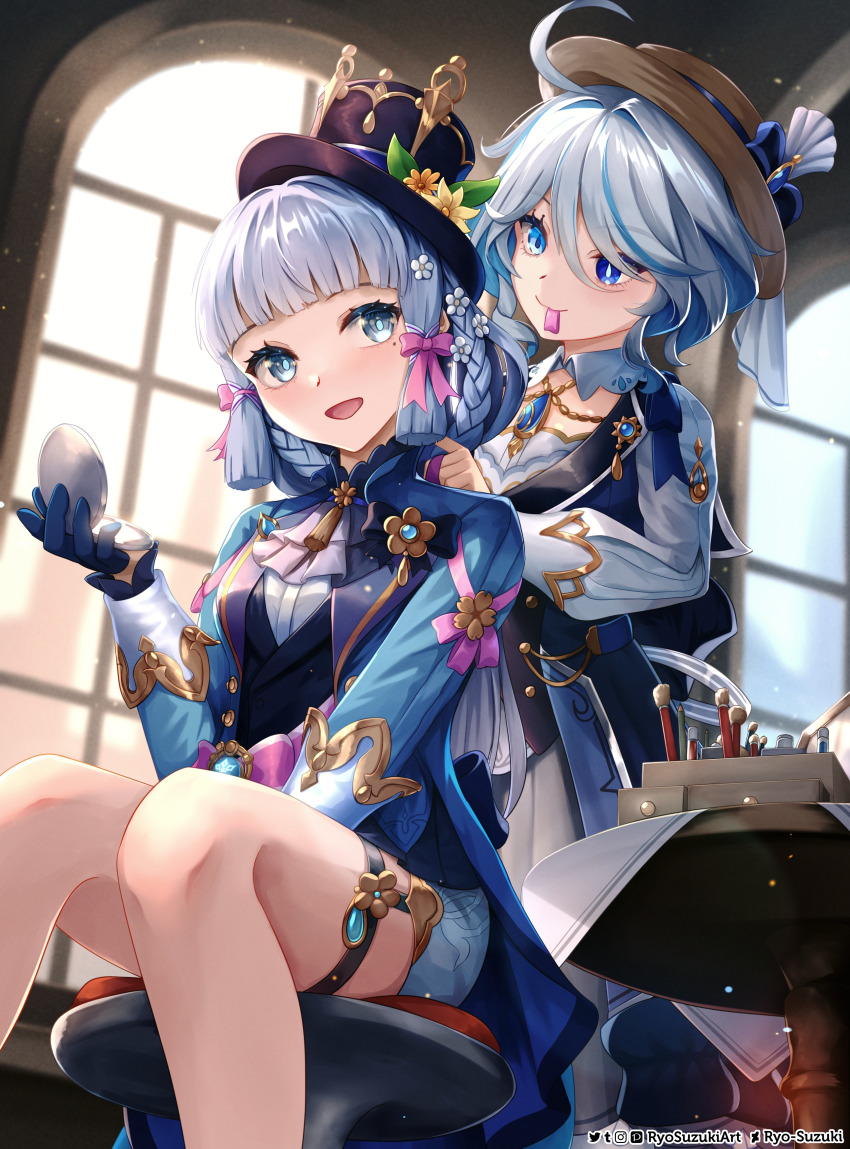 2girls absurdres ahoge armor ascot ayaka_(genshin_impact) blue_dress blue_eyes blue_hair blue_jacket blunt_bangs blush butterfly_hair_ornament cosplay costume_switch dress flower furina_(genshin_impact) furina_(genshin_impact)_(cosplay) genshin_impact gloves hair_between_eyes hair_flower hair_ornament hair_ribbon hat heterochromia highres jacket kamisato_ayaka kamisato_ayaka_(cosplay) kamisato_ayaka_(springbloom_missive) light_blue_hair long_hair long_sleeves mole mole_under_eye multicolored_hair multiple_girls official_alternate_costume ponytail puffy_long_sleeves puffy_sleeves ribbon ryo-suzuki sidelocks smile top_hat