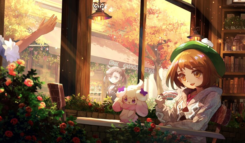 1boy 2girls alcremie alcremie_(ribbon_sweet) alcremie_(ruby_swirl) asymmetrical_bangs autumn_leaves black_choker black_hair black_jacket blush brown_eyes brown_hair cardigan choker commentary cup english_commentary flower gen_8_pokemon gloria_(pokemon) grey_cardigan hat highres holding holding_cup hop_(pokemon) indoors jacket leaf long_sleeves marnie_(pokemon) multiple_girls nintendo open_mouth pink_shirt plant pokemon pokemon_swsh purple_eyes red_flower ribero shirt tam_o&#039;_shanter teacup teeth tree upper_body upper_teeth_only
