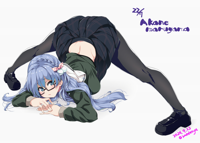 22/7 absurdres artist_name black-framed_eyewear black_pantyhose black_shoes black_skirt blue_eyes blue_hair bow braid character_name closed_mouth dated full_body green_shirt group_name hair_bow hair_ornament hands_on_ground highres jack-o&#039;_challenge kisairo_kaede light_blue_hair loafers long_hair long_sleeves looking_at_viewer maruyama_akane pantyhose plaid_clothes plaid_skirt pleated_skirt pom_pom_(clothes) pom_pom_hair_ornament rectangular_eyewear rokubanchou_school_uniform sailor_collar school_uniform semi-rimless_eyewear serafuku shirt shoes simple_background single_braid skirt spread_legs top-down_bottom-up under-rim_eyewear white_background white_sailor_collar wide_spread_legs winter_uniform