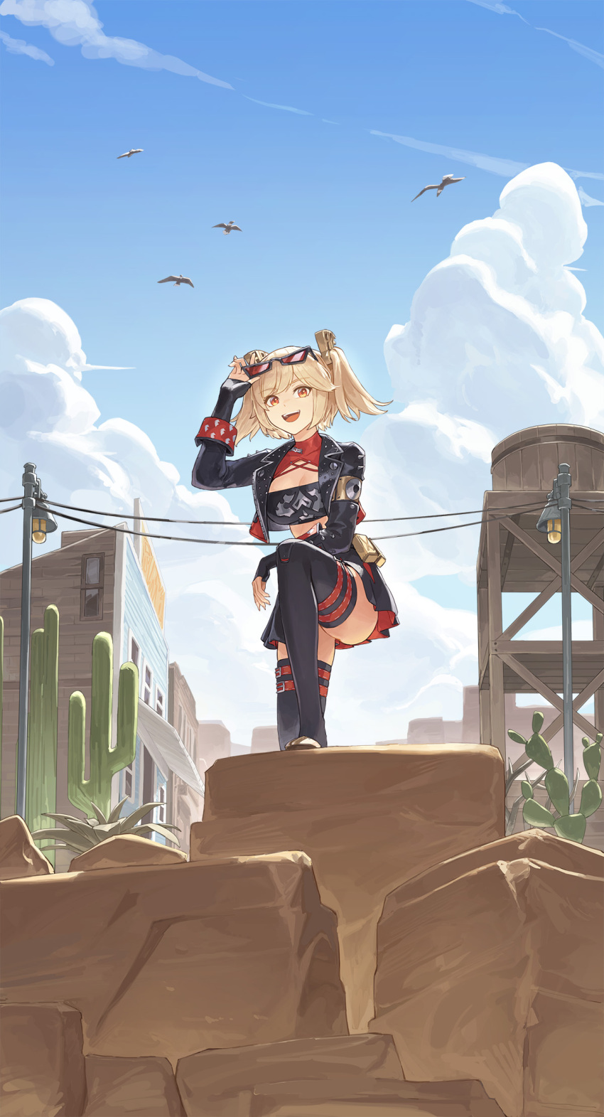 1girl :d animal bird black_gloves black_jacket black_shirt black_skirt black_thighhighs blonde_hair blue_sky building burnice_white cactus can cloud cotta_(heleif) crop_top cropped_jacket cropped_shirt day eyewear_on_head fingerless_gloves gloves hair_ornament hands_on_eyewear highres jacket lamppost looking_at_viewer open_clothes open_jacket open_mouth orange_eyes outdoors pleated_skirt power_lines red-tinted_eyewear rock shirt short_hair skirt sky smile solo stepping teeth thighhighs tinted_eyewear two_side_up upper_teeth_only water_tower zenless_zone_zero