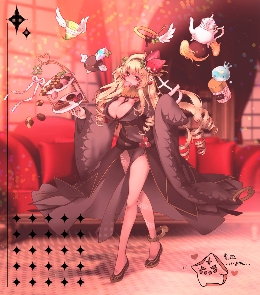 1girl agni_(ragnarok_online) alternate_color aqua_(ragnarok_online) belt black_belt black_dress black_shoes blonde_hair blurry blurry_background breasts cake cake_slice checkerboard_cookie cleavage commentary_request cookie couch dress drill_hair fire food food-themed_hair_ornament fork fruit full_body fur_collar grey_dress hair_ornament halo highres holding_tiered_tray indoors juliet_sleeves large_breasts layered_dress long_hair long_sleeves looking_at_viewer macaron official_alternate_costume omanjuu_(tamppcn) puffy_sleeves ragnarok_online red_eruma red_eyes shoes sleeves_past_fingers sleeves_past_wrists smile solo sorcerer_(ragnarok_online) starfish strawberry strawberry_hair_ornament tart_(food) teapot tera_(ragnarok_online) tiered_tray traditional_halo ventus_(ragnarok_online) wide_sleeves window winged_halo yellow_halo