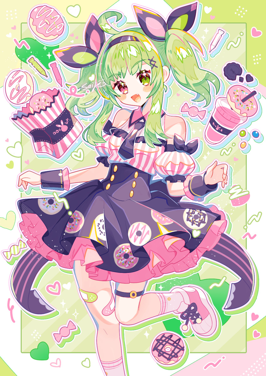 1girl black_dress black_hairband detached_sleeves donut donut_print dress food food_print green_background green_eyes green_hair hairband heterochromia highres original pink_donut pink_eyes pink_shoes saijo1201 shoes socks twintails white_socks