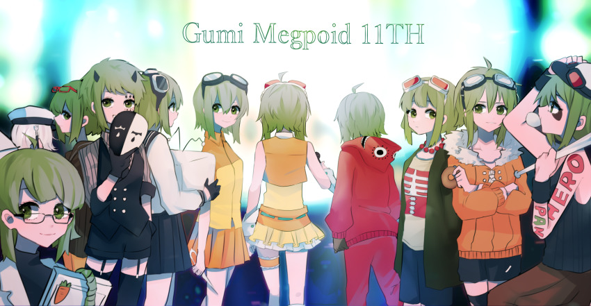 6+girls absurdres ama_no_jaku_(vocaloid) anniversary bare_shoulders baseball_bat bead_necklace beads black_collar black_shirt black_skirt blowing_bubbles carrot character_name chewing_gum coat collar commentary crop_top donut_hole_(vocaloid) donut echo_(vocaloid) facing_away food from_behind from_side fur-trimmed_coat fur_trim gloves goggles goggles_on_head gomiyama green_eyes green_hair green_jacket gumi hat highres holding holding_baseball_bat holding_food holding_television hood hoodie jacket jewelry jinsei_reset_button_(vocaloid) looking_at_viewer mask matryoshka_(vocaloid) multiple_girls multiple_persona necklace orange_coat orange_shirt orange_skirt panda_hero_(vocaloid) pants parted_lips poker_face_(vocaloid) red_goggles red_hoodie red_pants sailor_hat school_uniform serafuku shirt short_hair shorts sidelocks skeleton_print skirt sleeveless sleeveless_shirt smile song_request songover standing striped_clothes striped_shirt suspenders tears television thigh_strap vocaloid white_hair white_shirt wristband yowamushi_mont-blanc_(vocaloid)