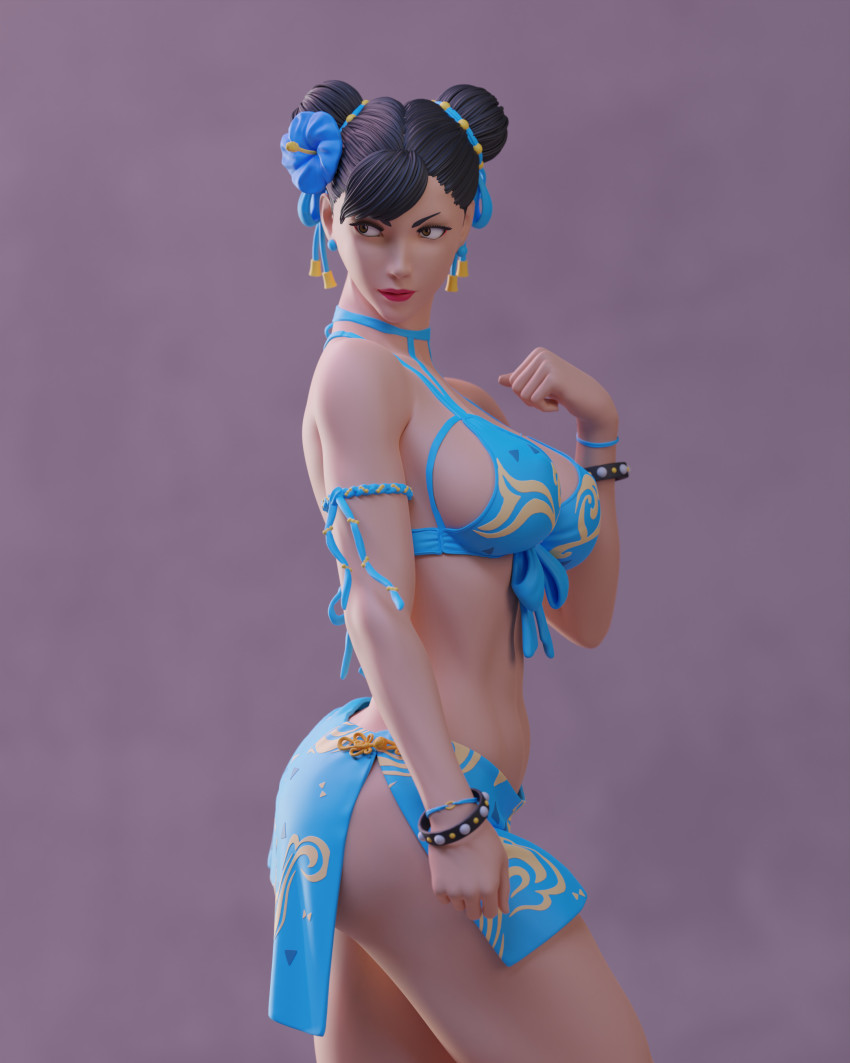 1girl 3d absurdres bikini black_hair bracelet brown_eyes capcom chun-li double_bun hair_bun highres jewelry leandro_abe lipstick looking_to_the_side makeup red_lips solo street_fighter swimsuit